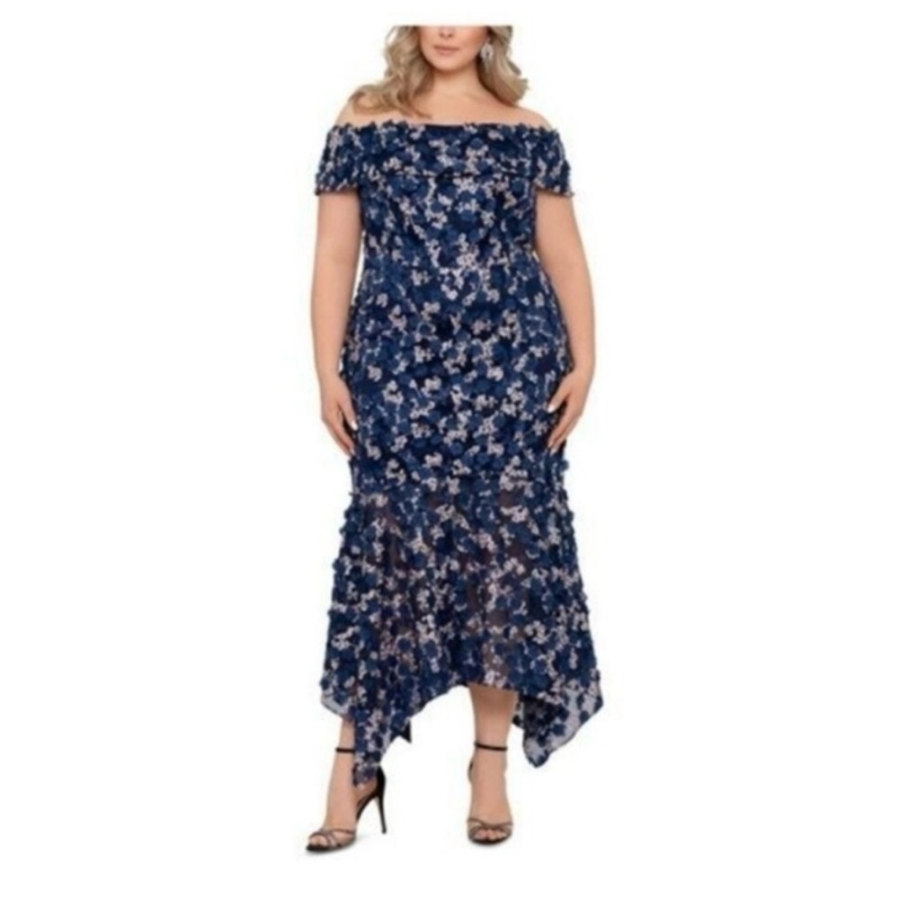 Xscape Plus Embroidered 3D Flower Off the Shoulder Flounce Dress in Blue/Multi